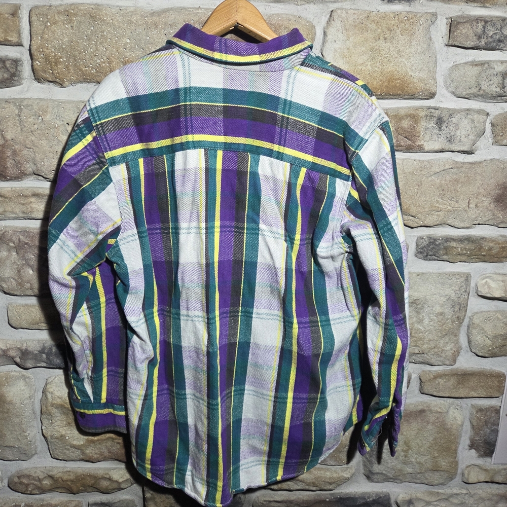 Coleman Mens Flannel Shirt Large L Plaid Cotton Purple Yellow Green Long Sleeve - Picture 4 of 9